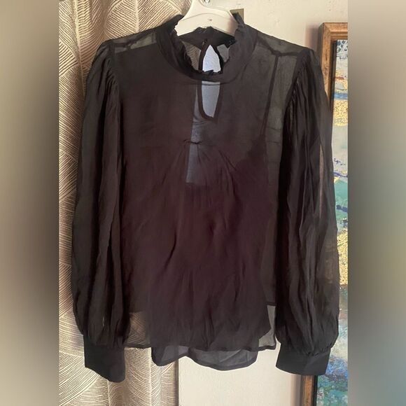J Crew Top Chiffon Ruffleneck Women’s Black Long Sleeve Lined Sz XS NWT - Picture 3 of 13